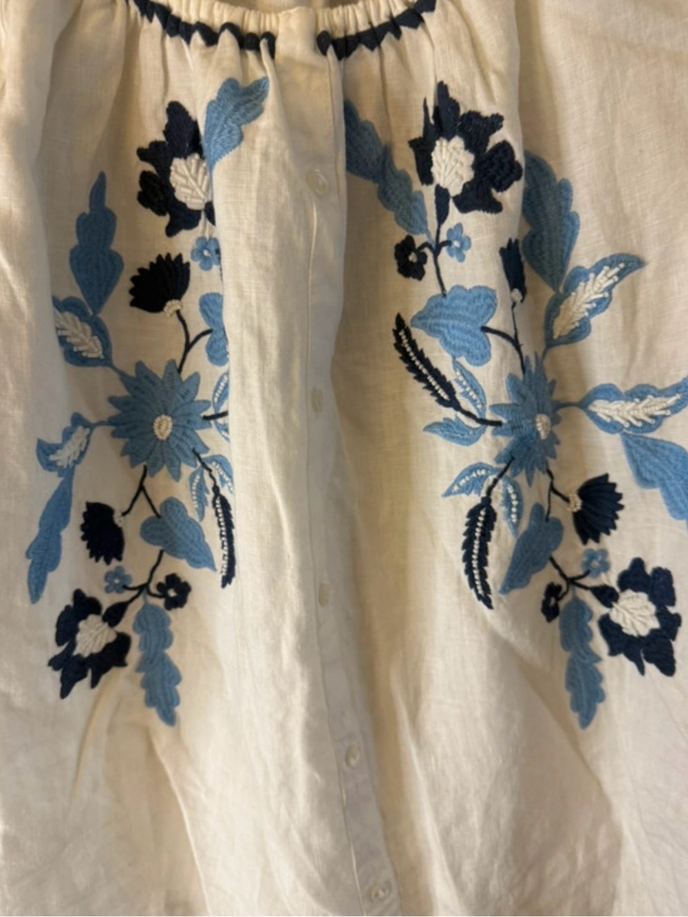Embroidered Peasant Blouse - White Linen with Blue Floral Detail - Picture 2 of 6